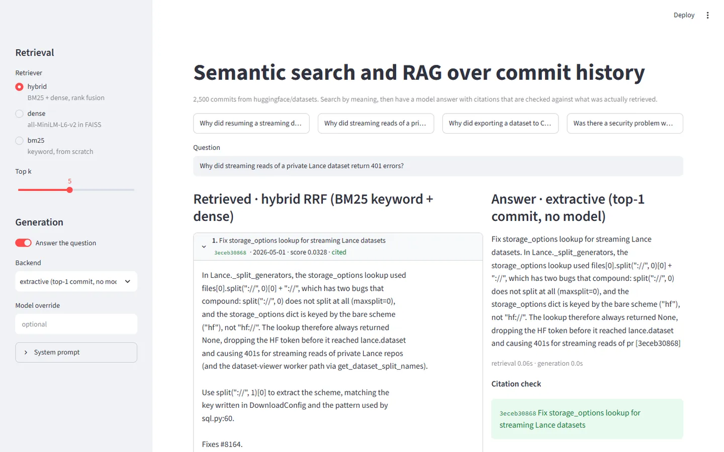 Streamlit demo: hybrid retrieval results on the left, the answer and its citation check on the right.