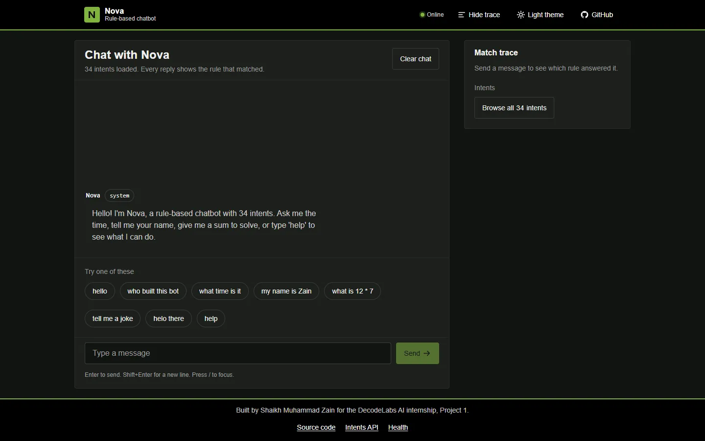 Nova chat interface with the match-trace panel.
